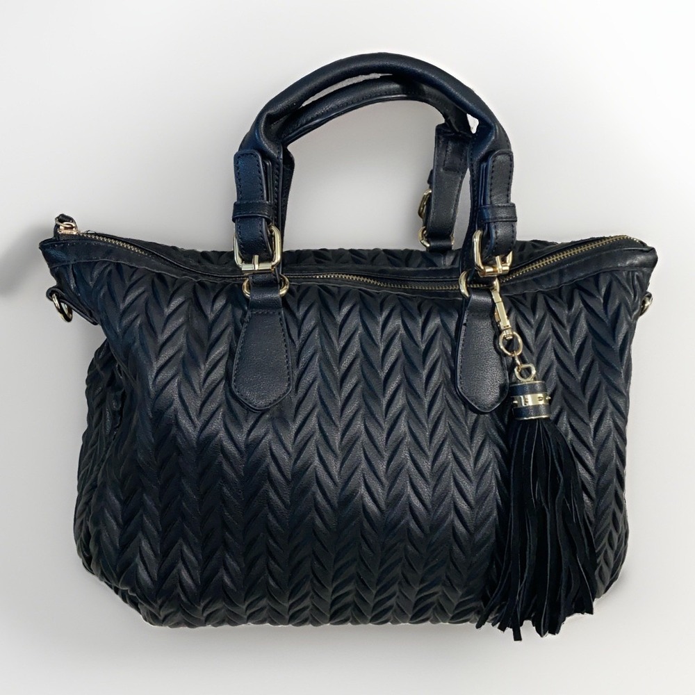 Moda Luxe Black Chevron Woven Faux Leather Satchel Purse Handbag Bag